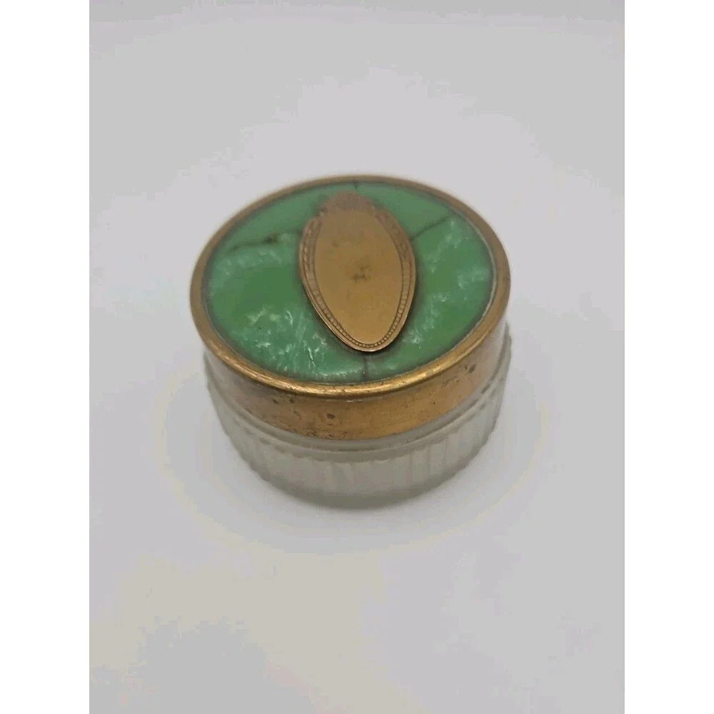 Vtg Set Dresser Glass Jars Green Art DecoMetal  Lids